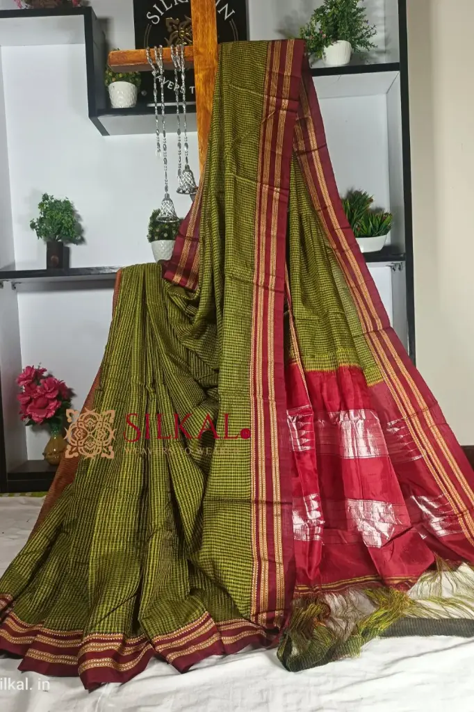 Ilkal Handloom Silk By Cotton Small Checks Chikki Paras Saree  