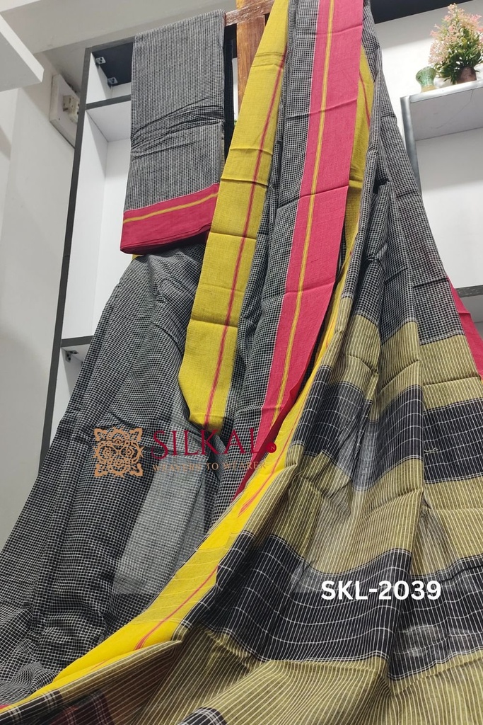 Patteda Anchu Pure Cotton Ganga Jamuna Handwoven Saree