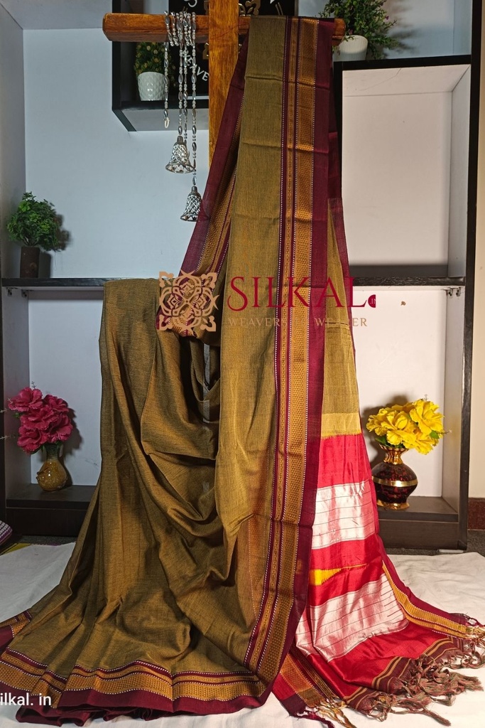 Ilkal Handloom Weaved Special Mercerised Cotton With Pure Silk Pallu Saree