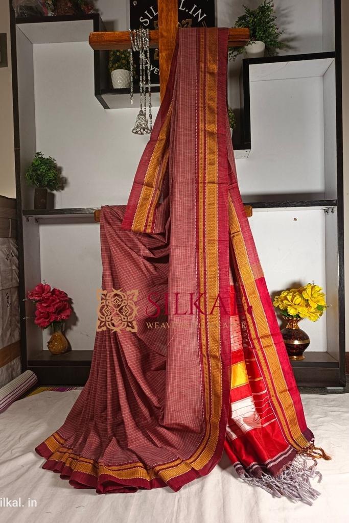 Ilkal Handloom Weaved Special Mercerised Cotton With Pure Silk Pallu Saree