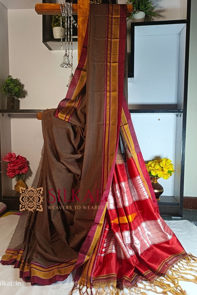 Ilkal Handloom Weaved Special Mercerised Cotton With Pure Silk Pallu Saree