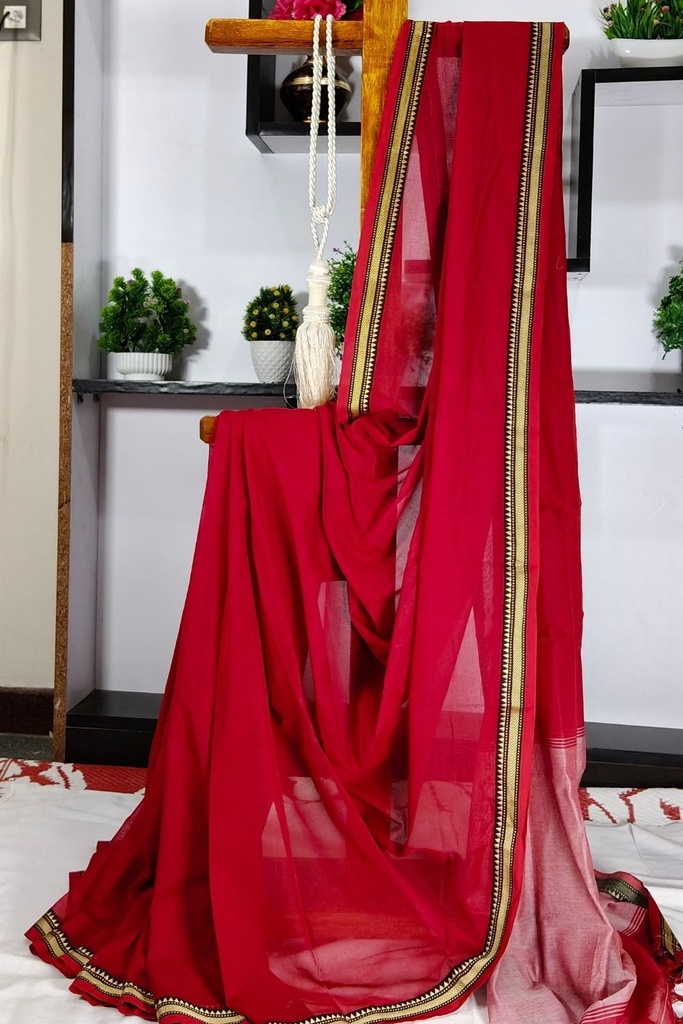 Narayan Peth Plain Cotton Saree With Patti Pallu