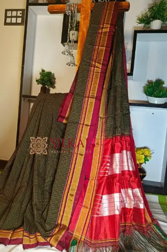 [SKL1425] SKL1425 Ilkal Handloom Silk By Cotton Small Checks Chikki Paras Saree 
