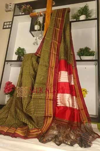 [SKL1424] SKL1424 Ilkal Handloom Silk By Cotton Small Checks Chikki Paras Saree 