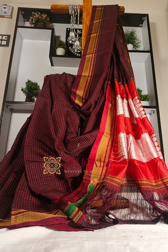 [SKL1186] Ilkal Handloom Silk By Cotton Small Checks Chikki Paras Saree