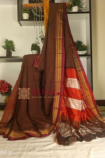 [SKL1423] Ilkal Handloom Silk By Cotton Small Checks Chikki Paras Saree