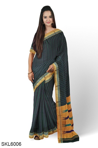 [SKL1671] Ilkal Cotton Small Checks Saree With Thoda Paras Border
