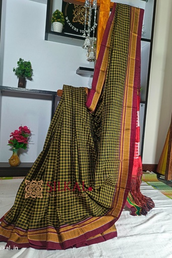 [SKL1718] Ilkal Handloom Silk By Cotton Small Checks Chikki Paras Saree